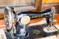 Black Old vintage singer sewing machine in close up.